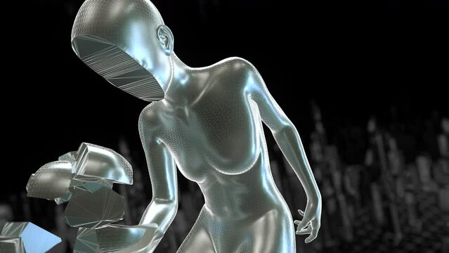 Geometric laser woman figure on a lowpoly landscape. Seamless metal retro futuristic animation. Artificial intelligence concept.