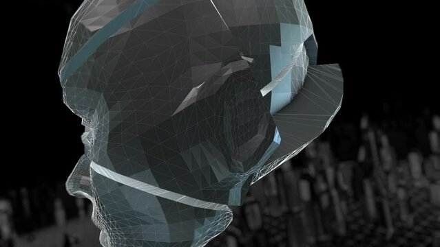 Geometric laser landscape with human broken face in a tunnel. Seamless metal retro futuristic animation with shallow depth of field.