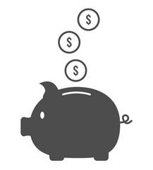 Piggy bank icon silhouette with coins on white background