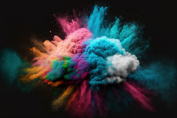 Obraz na płótnie Canvas explosion of white powder against a black background. cloud with color. Bright dust explodes. Color Holi. Generative AI