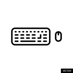 Wireless computer keyboard and mouse vector icon in line style design for website, app, UI, isolated on white background. Editable stroke. Vector illustration.