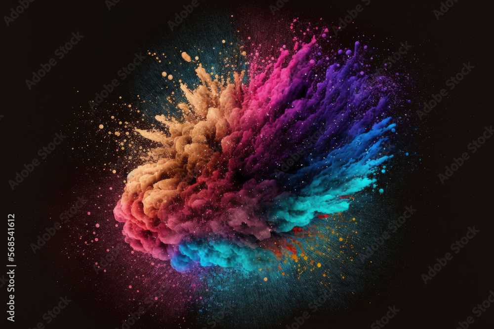 Poster an abstract burst of colourful dust against a dark background. abstract background with powder splat