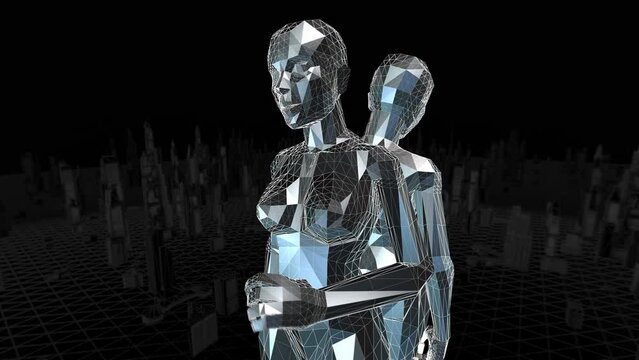 Geometric laser women figure on a lowpoly landscape. Seamless metal retro futuristic animation.
