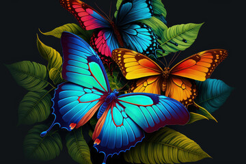 shades of the rainbow. Tropical morpho butterflies with vibrant colors. color theory. a vivid tropical backdrop. Generative AI