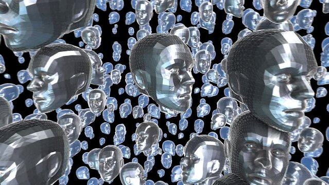 Geometric laser landscape with human faces. Seamless metal retro futuristic animation