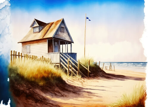 Watercolor of a Summer House on a Sandy Seashore