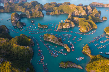 Aerial of Lan Ha bay in Ha Long Bay are, Cai Beo floating village