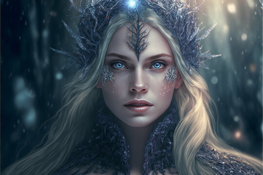 Fictitious fantasy woman in fairy tale forest with frost elements in her attire. AI generated image
