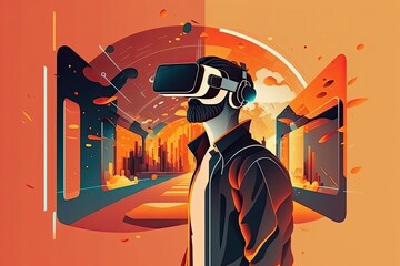 VR and AR technology futuristic concept. Man wearing virtual reality glasses. AI generative flat style illustration.