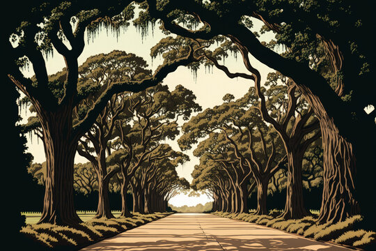 Oak trees surround the driveway at the famed Wormsloe Plantation in Savannah, Georgia, USA. Generative AI