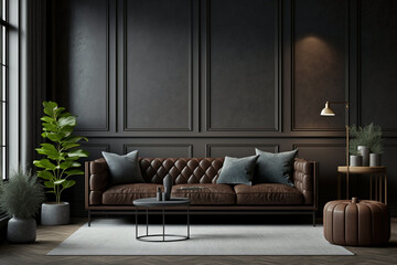 Modern dark home interior background, living room loft, 3d render