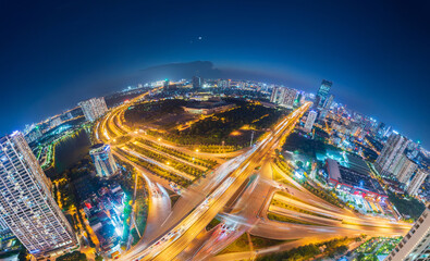 Fisheye view of Hanoi city at night