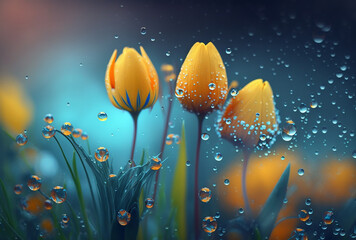 Spring  floral background with rain drops and free space for text. Generative AI...