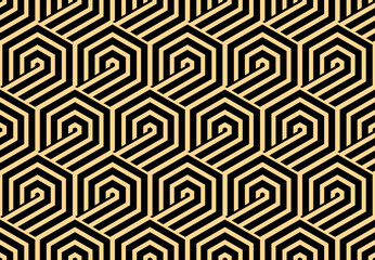 Abstract geometric pattern with stripes, lines. Seamless vector background. Gold and black ornament. Simple lattice graphic design