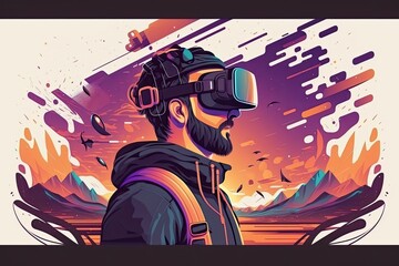 VR and AR technology futuristic concept. Man wearing virtual reality glasses. AI generative flat style illustration.