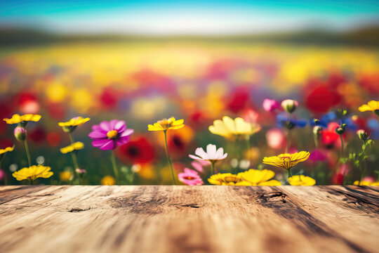 empty wooden table with blurry background of colorful flowers, ai generated