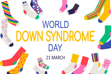 World down syndrome day background with colorful socks. Yellow and blue typography. Lots of socks campaign symbols. Poster, banner template vector illustration