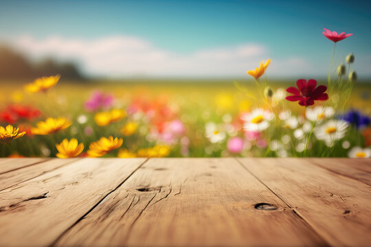 Empty Wooden Table With Blurry Background Of Colorful Flowers, Ai Generated