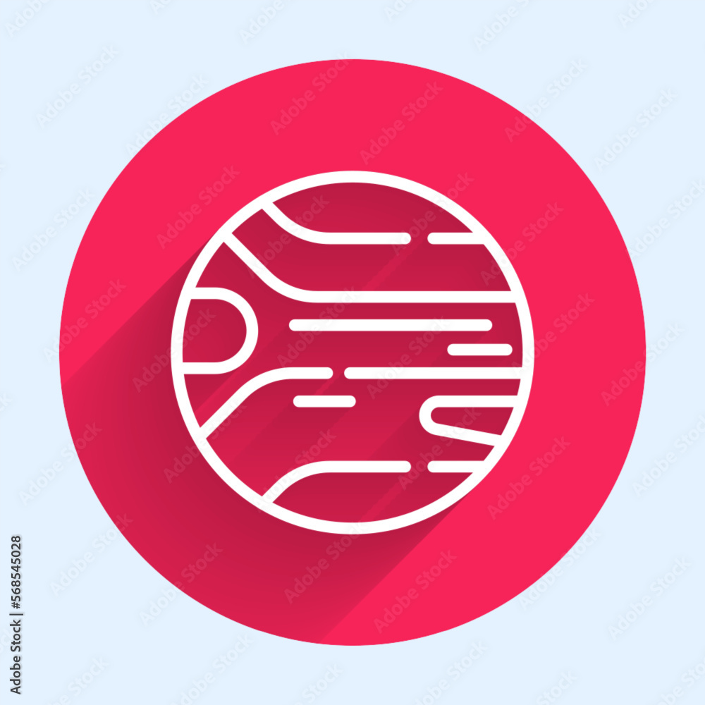 Poster white line planet icon isolated with long shadow. red circle button. vector