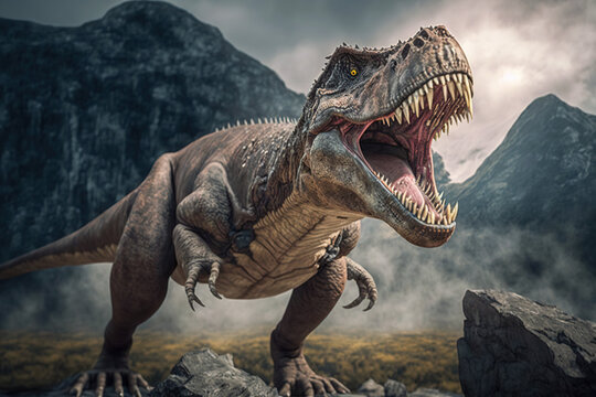 Dinosaur: Tyrannosaurus rex with powerful jaws open, ferocious might of the t-rex, Generative AI