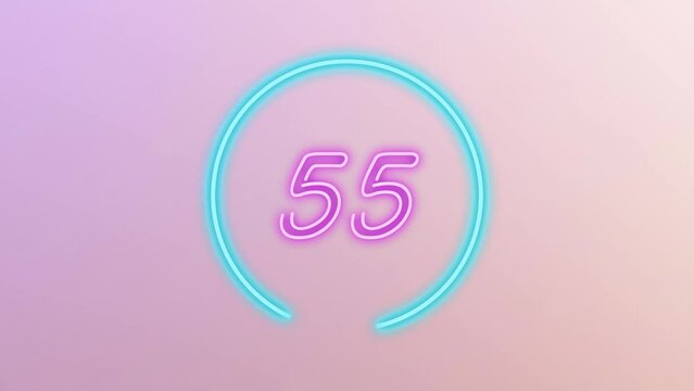 60 seconds (1 min) blue turquoise and pink neon light countdown timer on pastel gradient bg. Animated circle shaped stylish smooth tailed line indicator. Bright neon light and fancy cute pop concept