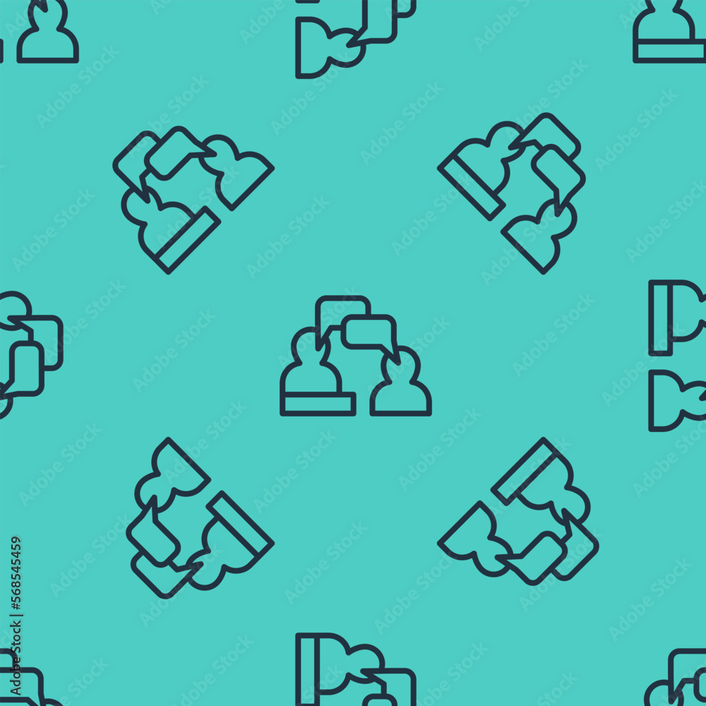 Poster black line two sitting men talking icon isolated seamless pattern on green background. speech bubble