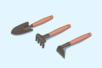 Gardening Tools. Shovel, rake and hoe. Soil work. Vector illustration. Caring for indoor plants and flowers. Agriculture. Farm goods store poster design. Growing food