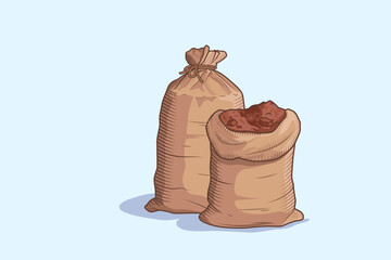 Soil bags. The full bag is tied with a rope and half open. Vector illustration. Mineral soil and fertilizer for agricultural and garden flower beds, home flowers and seedlings. eco farming poster