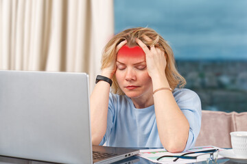 Unhappy tired woman at home office working with laptop. Stress, depression, loneliness, fatigue,...
