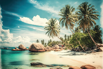Samui Island is surrounded by a stunning outdoor tropical beach with coconut palm trees and other. Generative AI