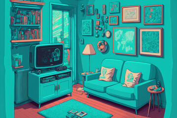 turquoise wall living room. Generative AI
