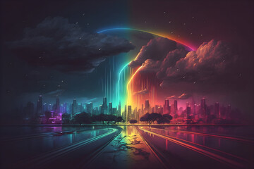 A rainbow thunderstorm with lightning and rain over a skyline with tall buildings - generative ai