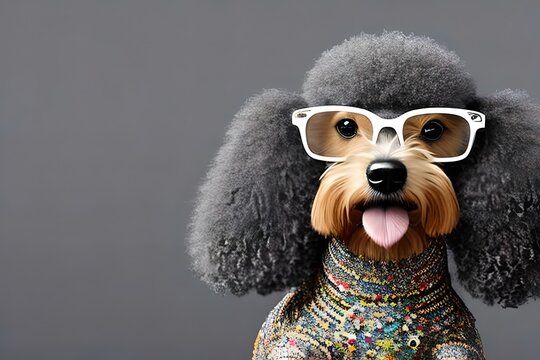 Cute poddle dog wearing clothes and glasses. Close up. Generative AI.