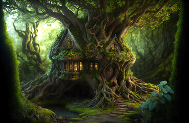 Fantasy fairy tree house in the forest AI generative	