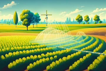 Irrigation system works in field, sprinkles water on the soil for good harvest. Sprinkler spraying agricultural field on farm. Generative AI