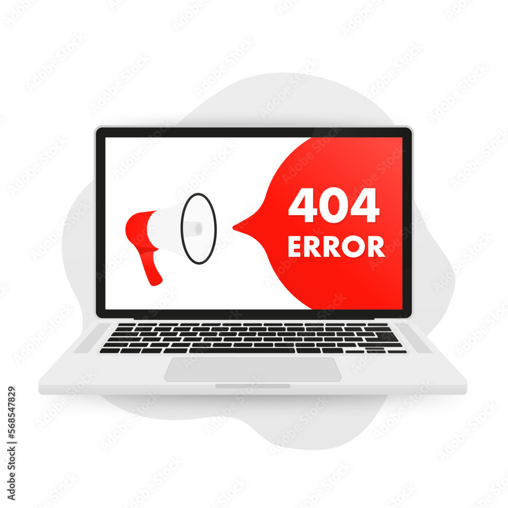 Poster loudspeaker notifies about error 404 on laptop. banner for web sites, hacker attack concept. there i