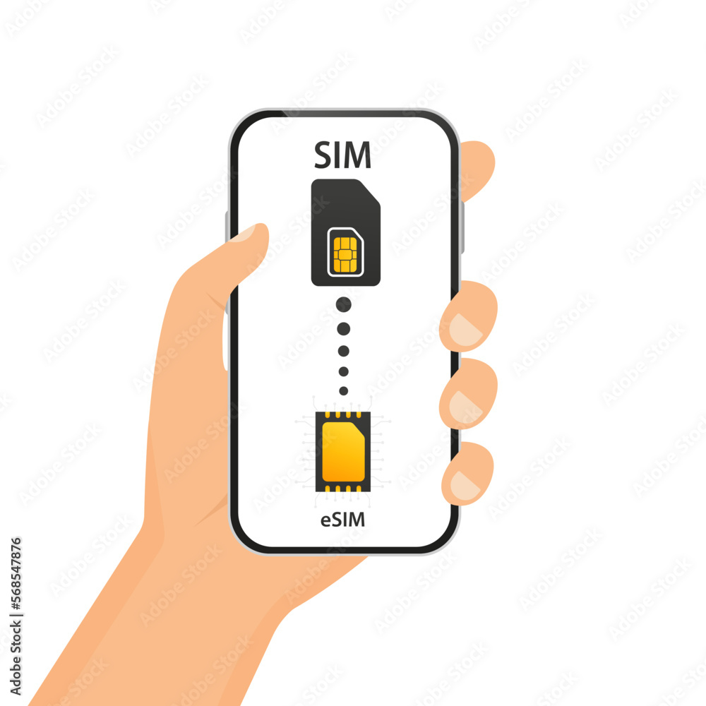 Poster mobile device with a chip esim. embedded sim. new mobile communication technology concept. smartphon