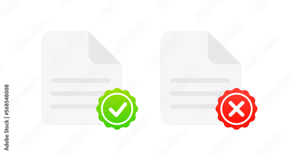 Poster a document with a stamp of a tick and a cross. contract documents. a document with a stamp and text.