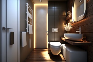 Naklejka na ściany i meble Modern bathroom interior with toilet. Generative AI