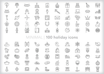 Set of 100 holiday line icons of items and themes for annual holidays celebrated worldwide