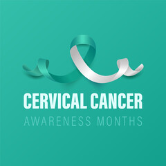 Cervical Cancer Banner, Card, Placard with Vector 3d Realistic Teal and White Ribbon on Teal Background. Cervical Cancer Awareness Month Symbol Closeup. World Cervical Cancer Day Concept