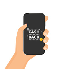 Cashback loyalty program concept on phone. Shopping cart and gold coin. Cash back service, financial payment label. Refund money service design. Bonus cash back. Vector illustration