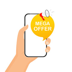 Mega offer banner ribbon design, megaphone icon. Isolated on white background. Business recruitment concept. Alert banner with megaphone, marketing and advertising. Vector illustration