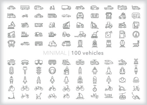 Set of 100 vehicle line icons of different types of transportation on roads, streets, and railroads