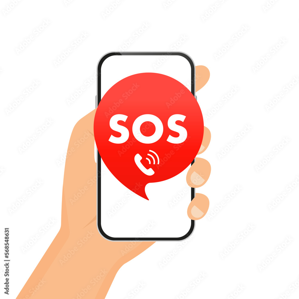 Poster sos message in the phone. 911 calling in flat style. first aid. call screen smartphone. hand with a 