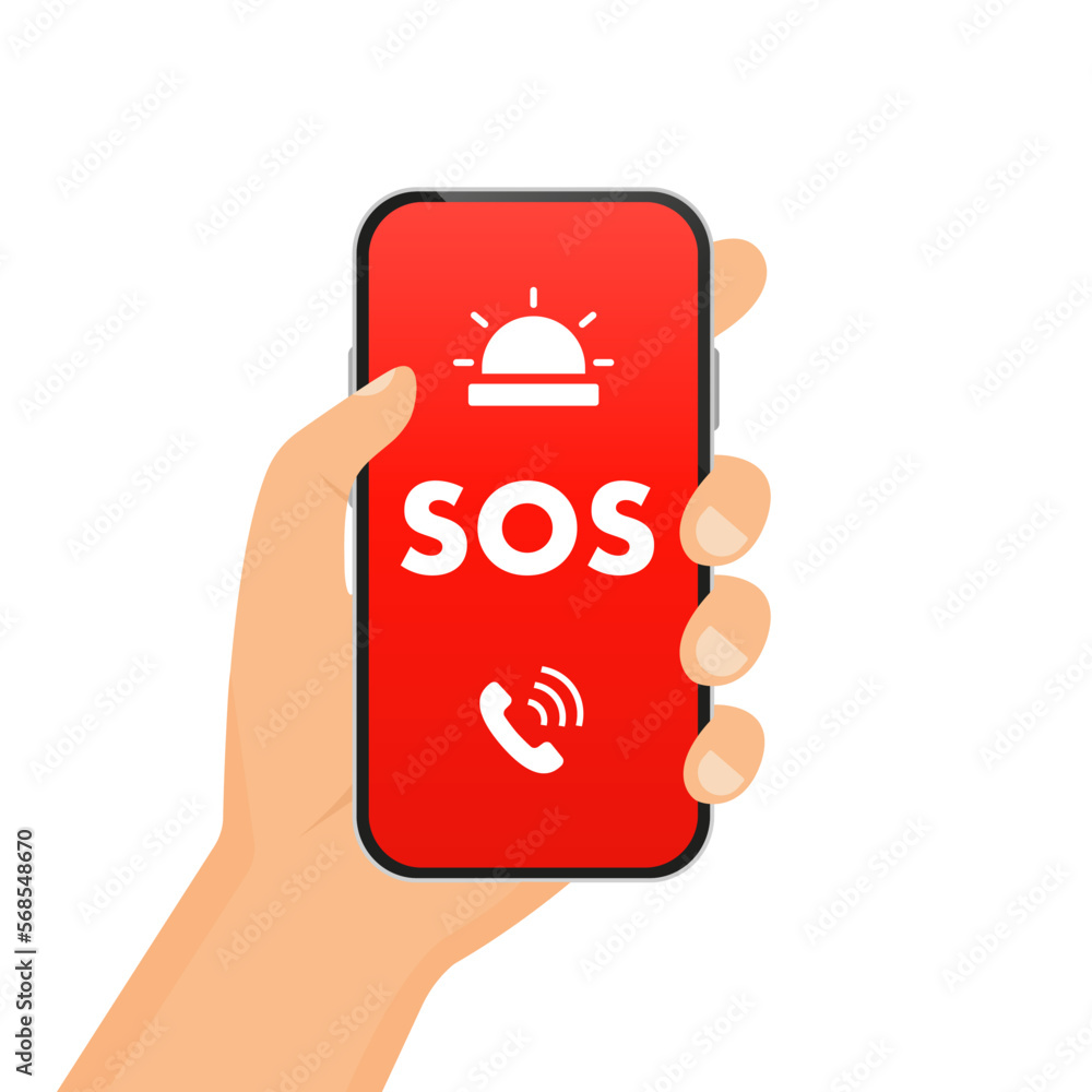 Poster sos message in the phone. 911 calling in flat style. first aid. call screen smartphone. hand with a 
