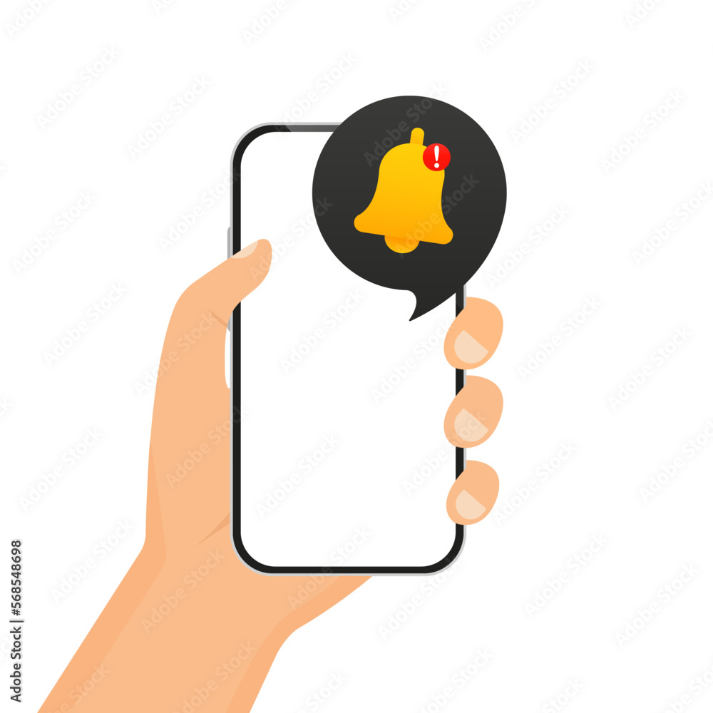 Poster hand holds phone, notification message bell. alert message. notification concept of new message or o