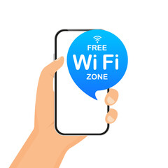 Hand holding the phone. Search connection. Free Wi-Fi zone blue icon. WIFI internet connection icon sign isolated on white background, flat style. Free wifi here sign concept. Vector illustration