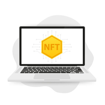 NFT online marketplace. Laptop with non-fungible token currency blockchain. Unique art. Computer and network technology for virtual trade. Crypto stor. Vector illustration