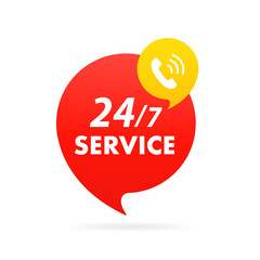 Flat Red 24 7 Service Label With Phone Icon. Modern Web Element. Red vector banner 24 7 service. Vector illustration